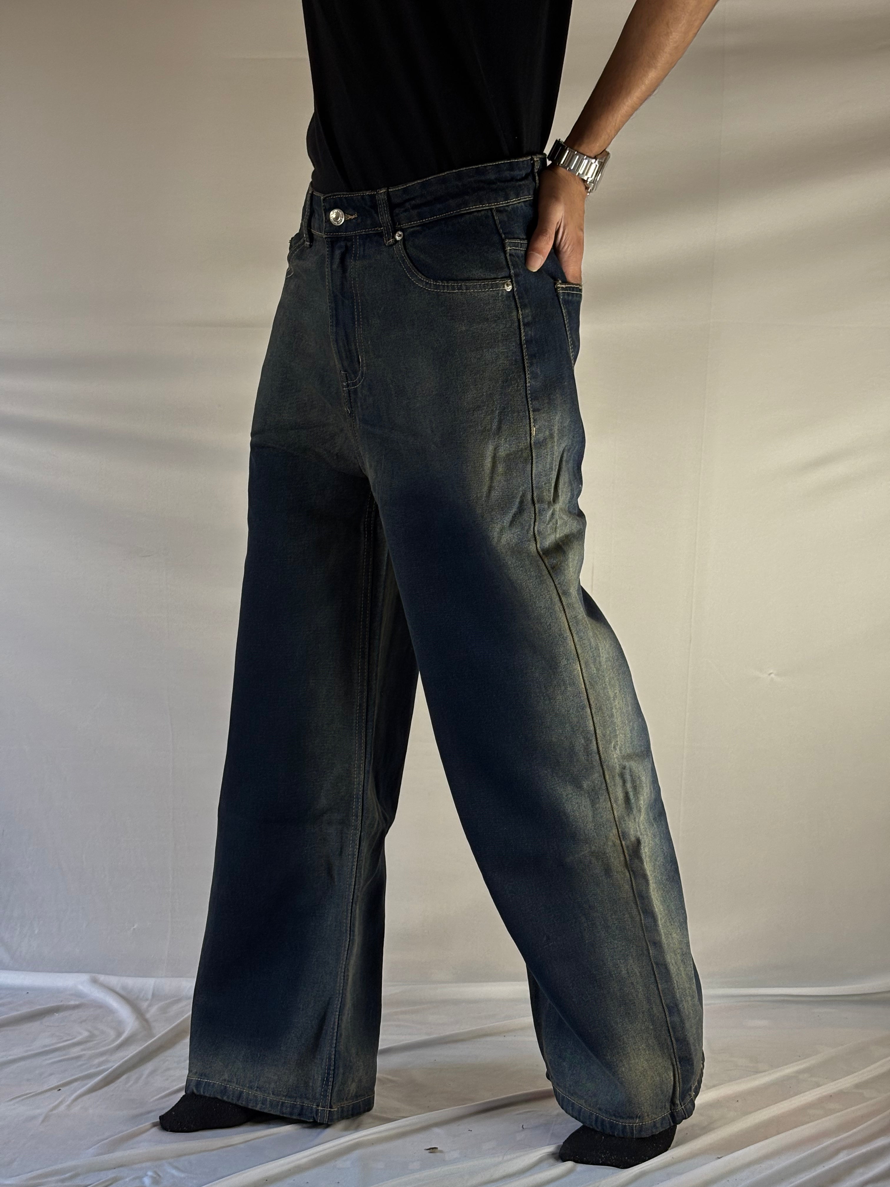WIDE-LEG FADED DENIM JEANS-ICE CREEN
