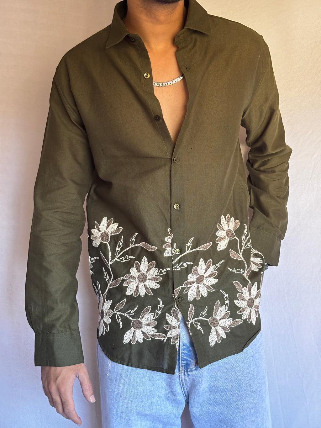 Olive Embroidered Linen Blend Shirt