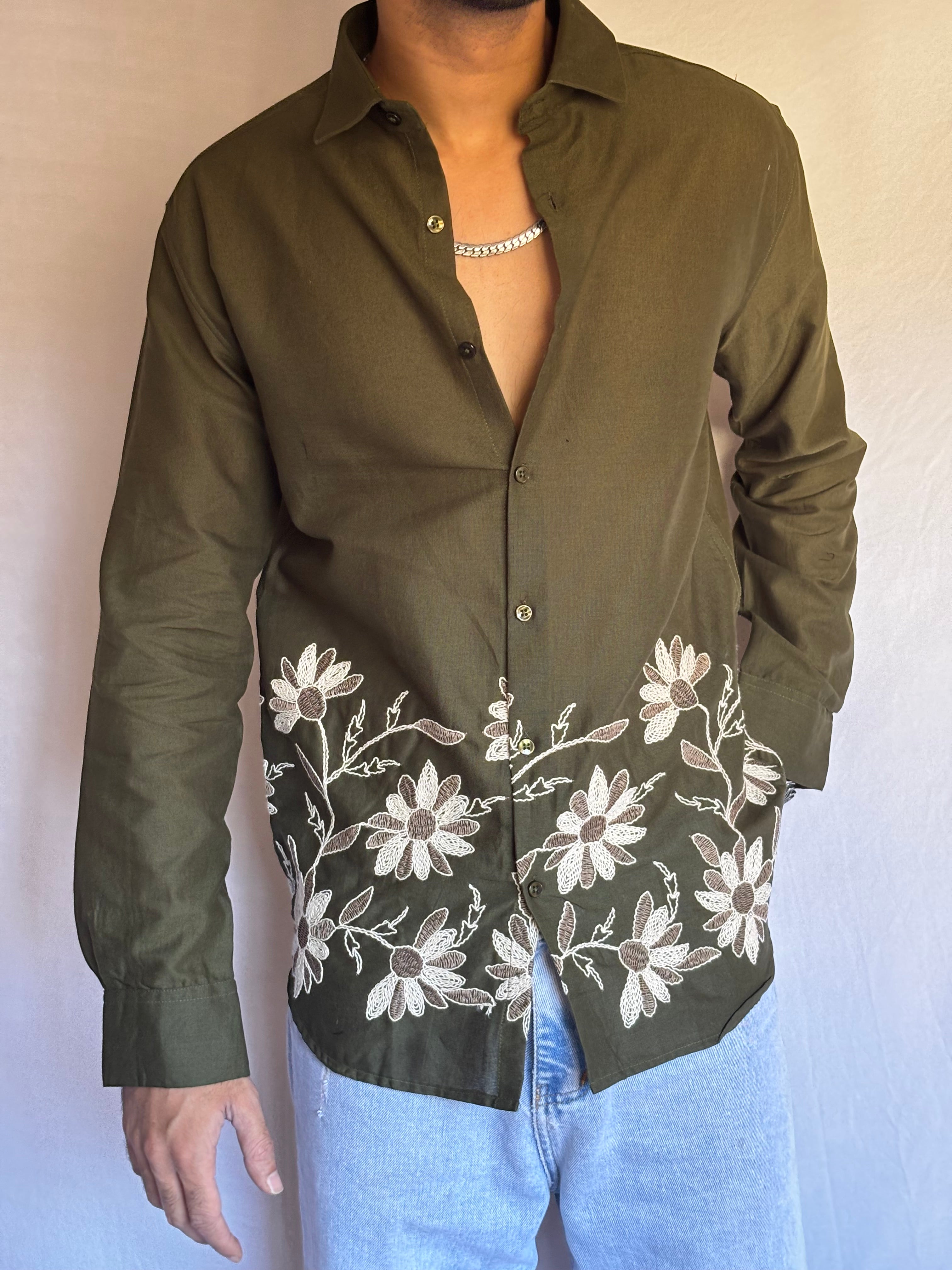 Olive Embroidered Linen Blend Shirt