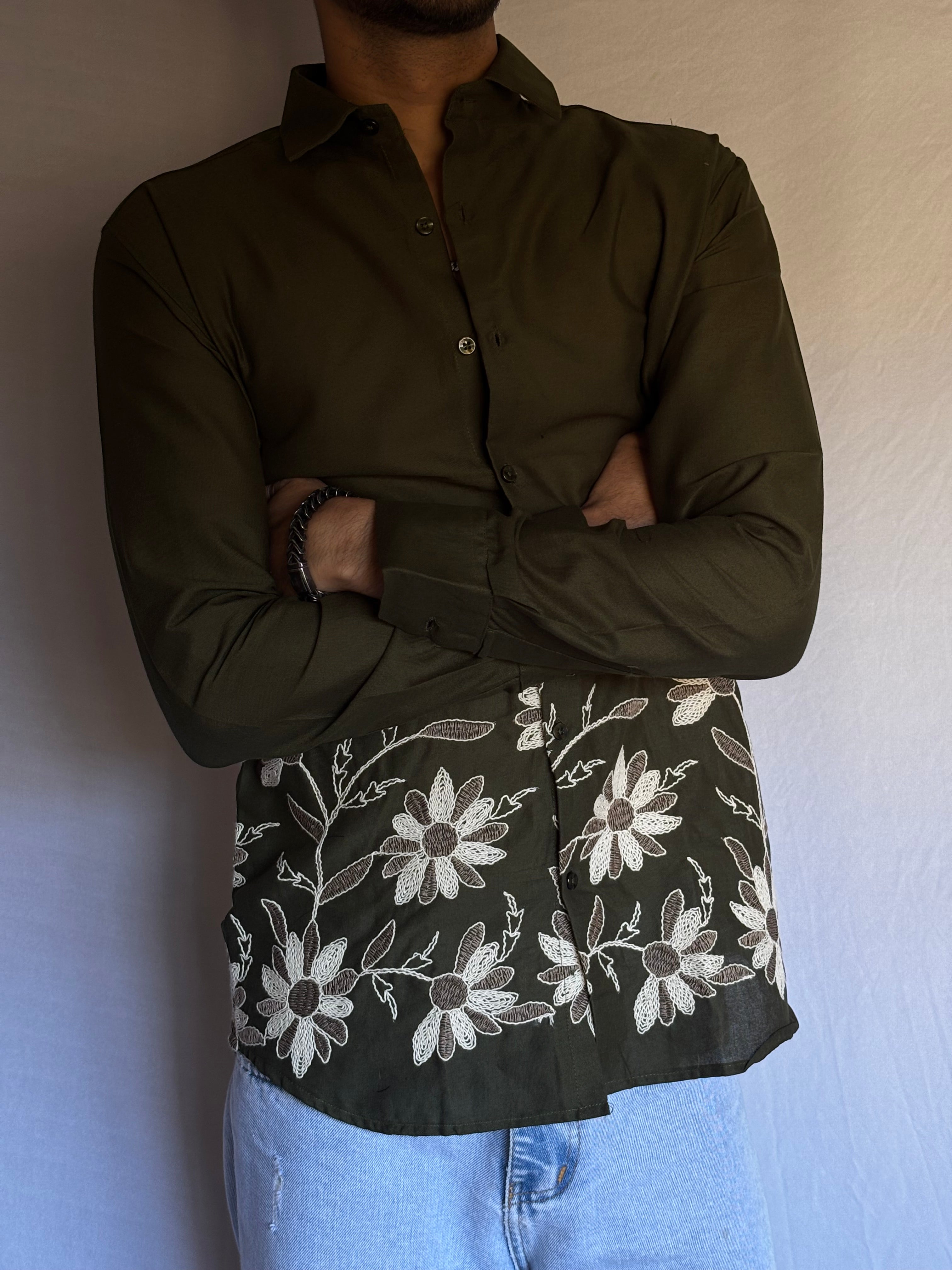 Olive Embroidered Linen Blend Shirt