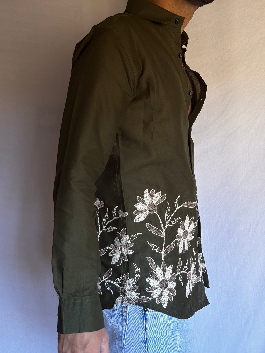 Olive Embroidered Linen Blend Shirt