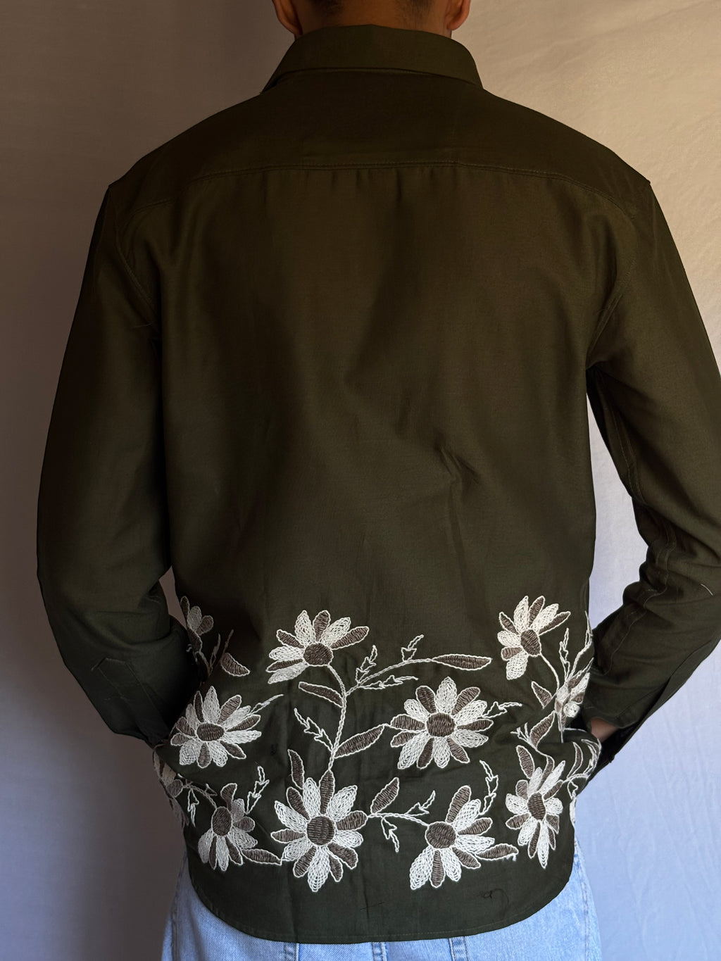 Olive Embroidered Linen Blend Shirt