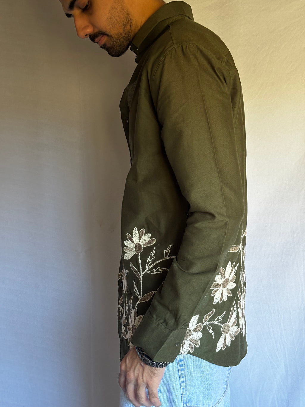 Olive Embroidered Linen Blend Shirt