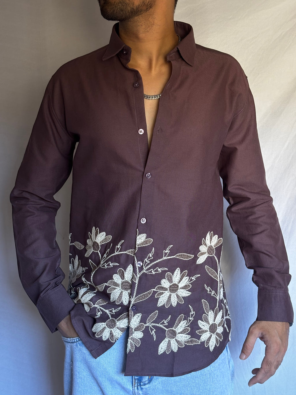 Muted Plum Floral Hem Shirt
