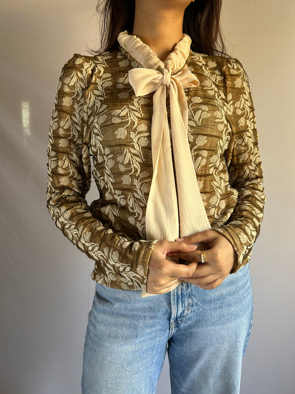 Korean Style Golden Whisper Tie-Neck Top