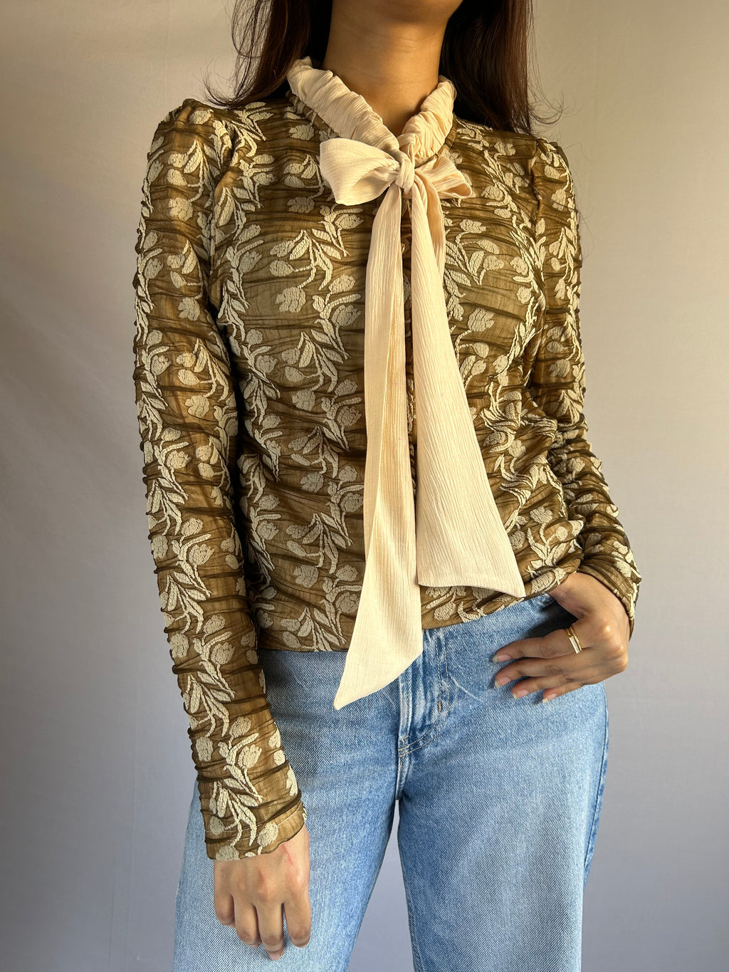 Korean Style Golden Whisper Tie-Neck Top