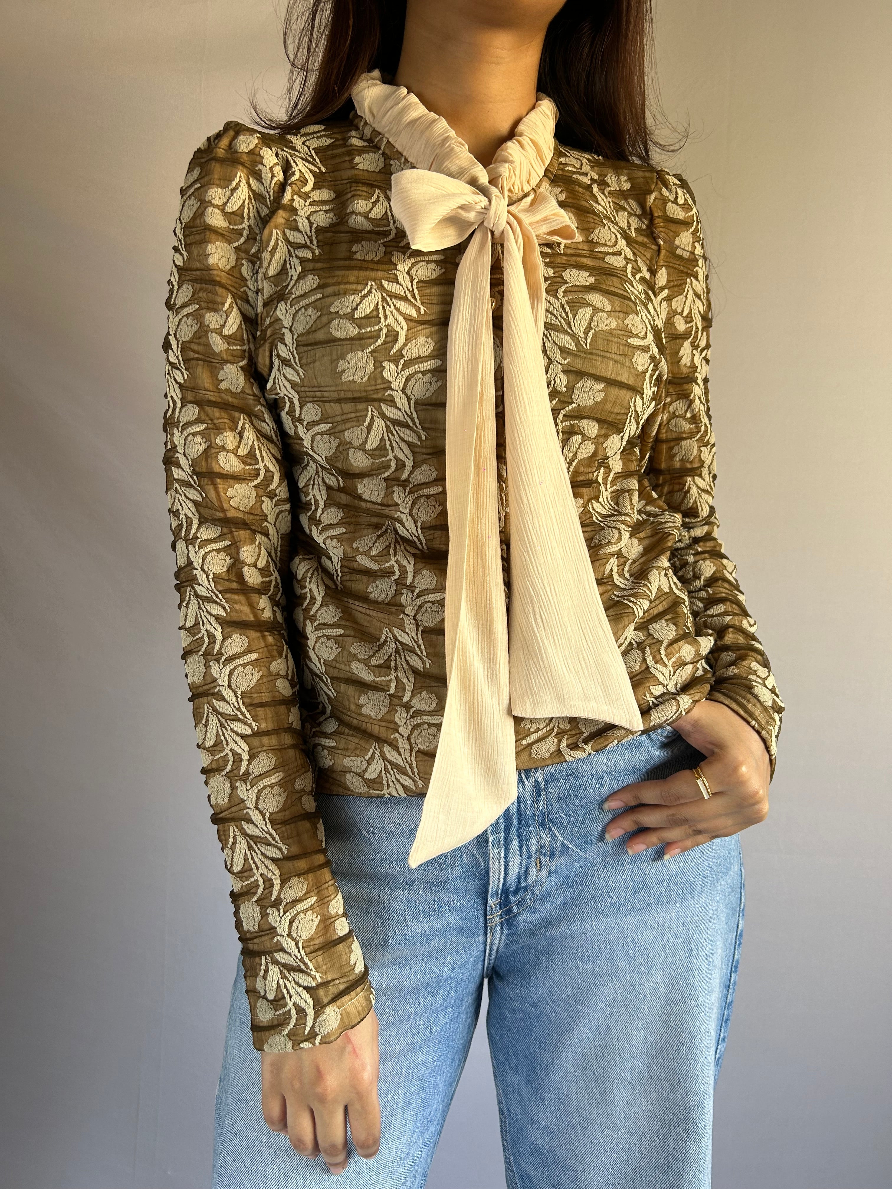 Korean Style Golden Whisper Tie-Neck Top