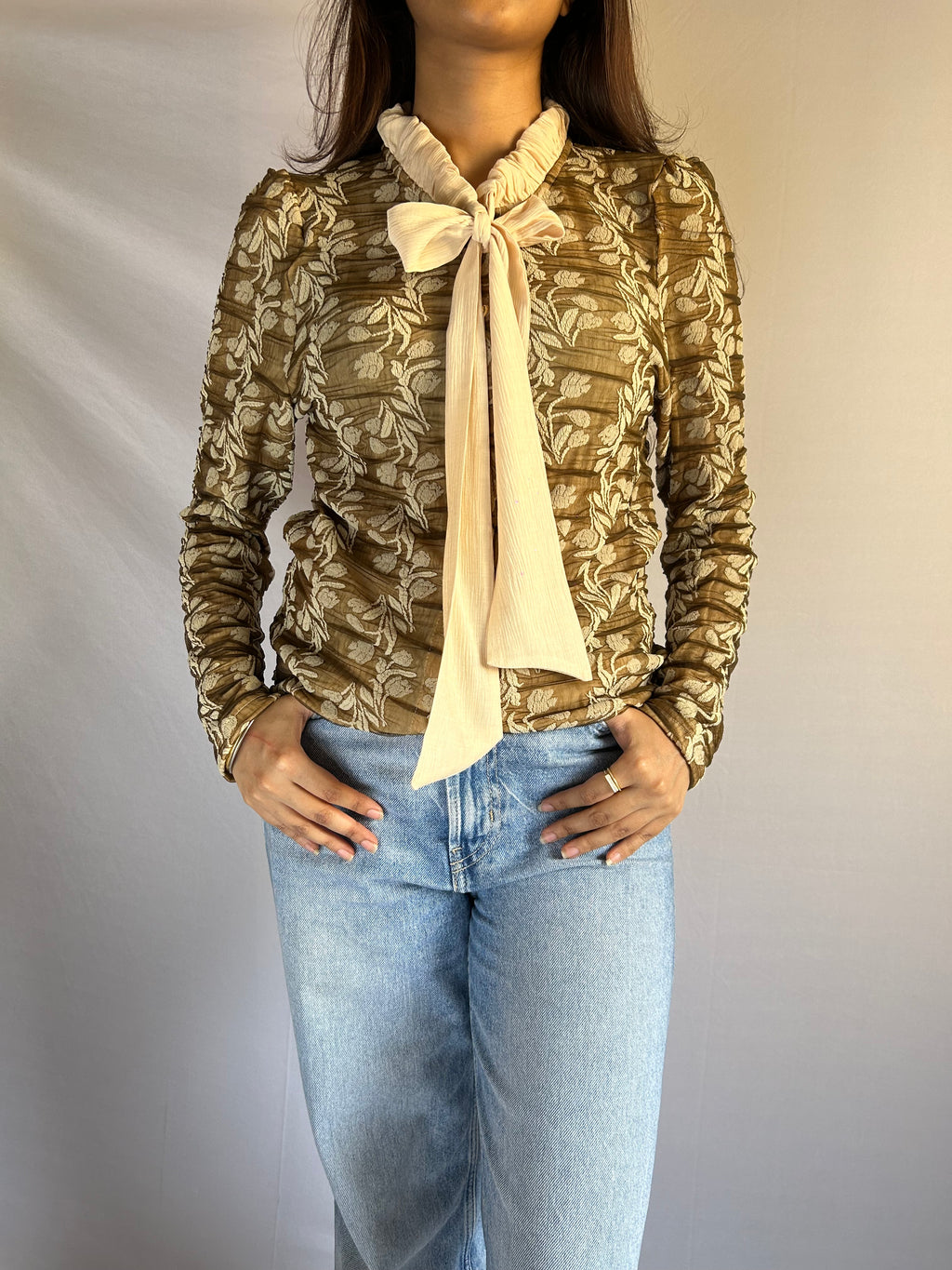 Korean Style Golden Whisper Tie-Neck Top