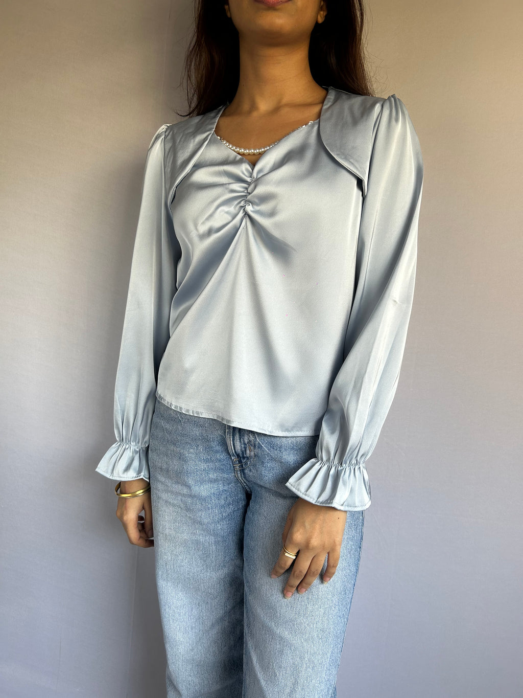 Elegant Blue Top with Pearl