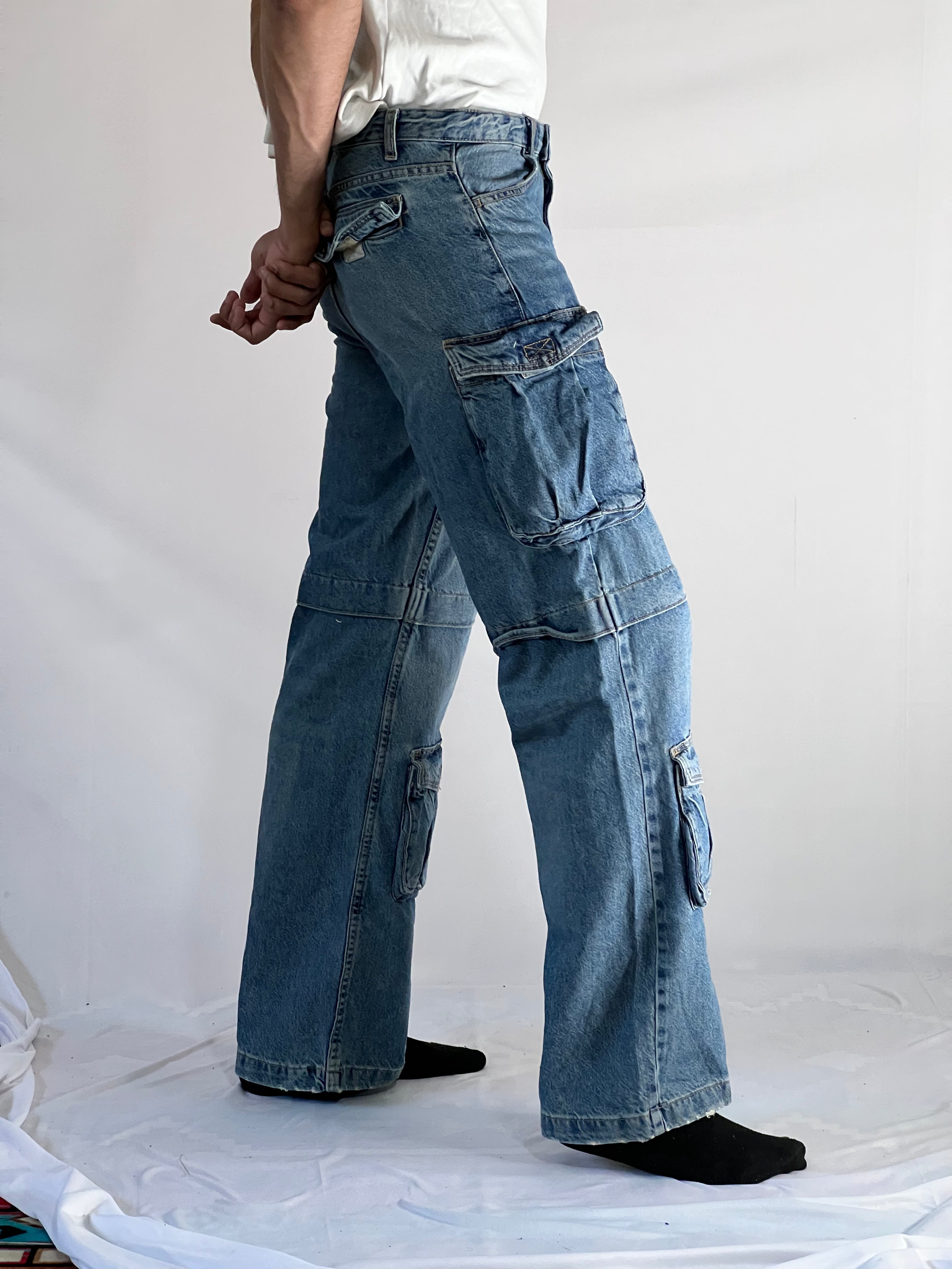 MULTI-POCKET DENIM CARGO JEANS:8 POCKETS
